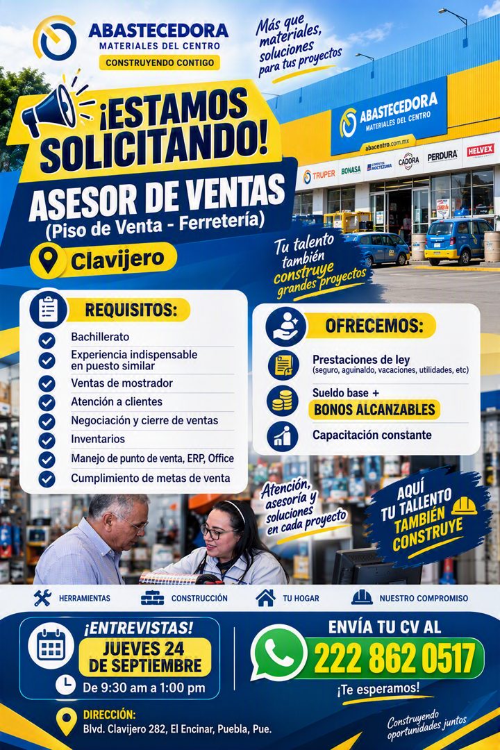 Banner del anuncio de la vacante: ABASTECEDORA · MATERIALES DEL CENTRO · CONSTRUYENDO CONTIGO · Más que · materiales, · soluciones · para tus proyectos · ¡ESTAMOS · SOLICITAN
