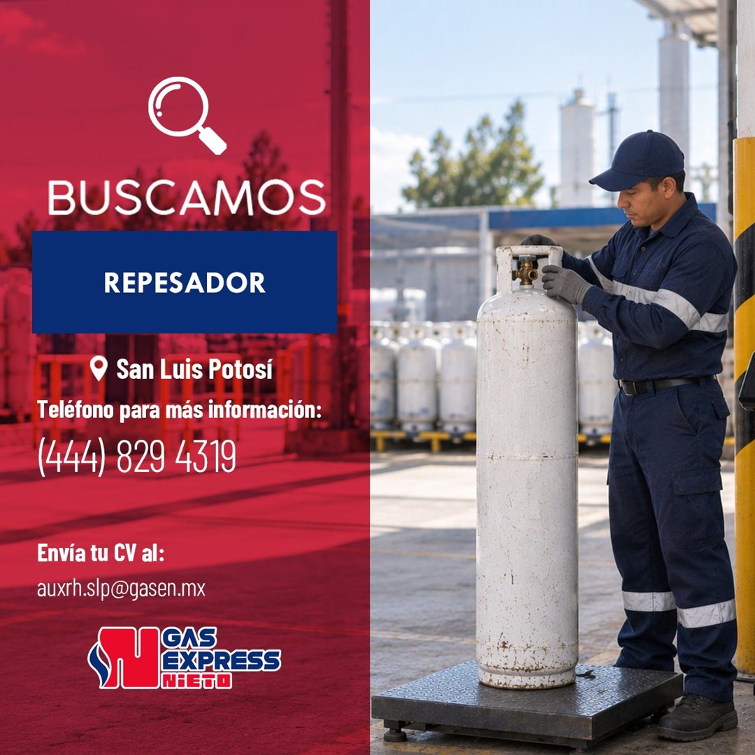 Banner del anuncio de la vacante: BUSCAMOS · REPESADOR · • San Luis Potosí · Teléfono para más información: · (444) 829 4319 · Envía tu CV al: · auxrh.slp@gasen.mx · GAS · EX