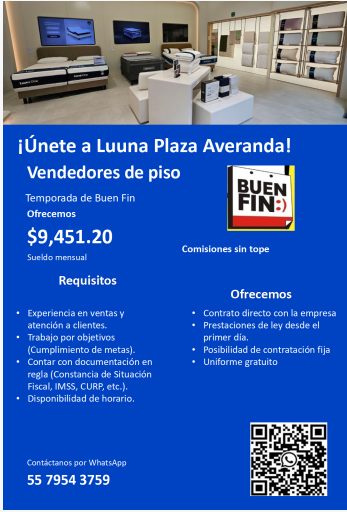 Banner del anuncio de la vacante: ¡Únete a Luuna Plaza Averanda! · Vendedores de piso · Temporada de Buen Fin · Ofrecemos · BUEN · FIN: · $9,451.20 · Comisiones sin tope · Re