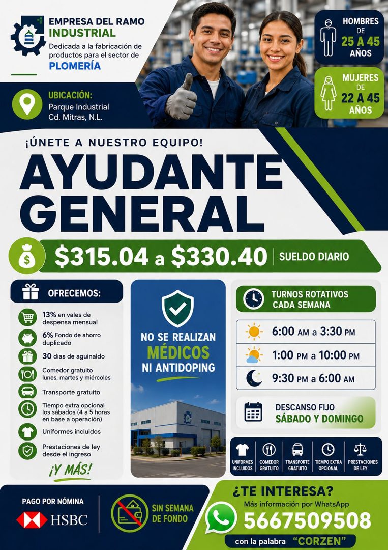 Banner del anuncio de la vacante: EMPRESA DEL RAMO · INDUSTRIAL · Dedicada a la fabricación de · productos para el sector de · PLOMERÍA · HOMBRES · DE · 25 A 45 · AÑOS · MUJE