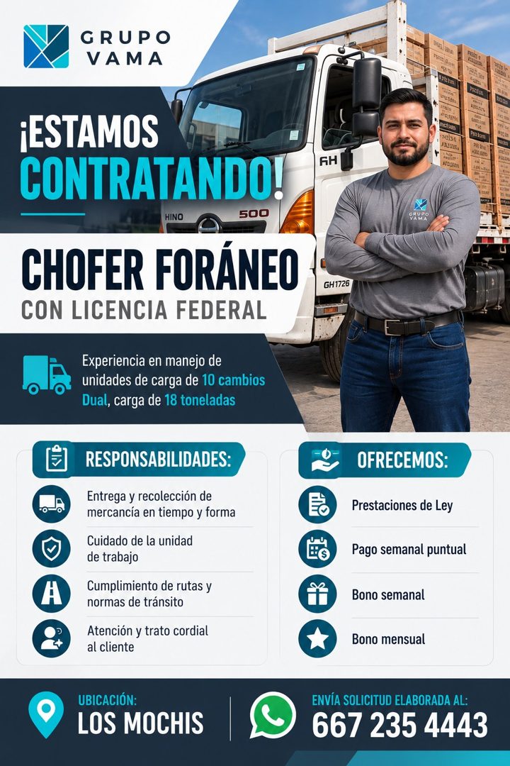 Banner del anuncio de la vacante: GRUPO · VAMA · pata fan · Tran Ten · tralm · ¡ESTAMOS · CONTRATANDO! · HINO · 500 · CHOFER FORÁNEO · CON LICENCIA FEDERAL · 23316 · BARENE ·