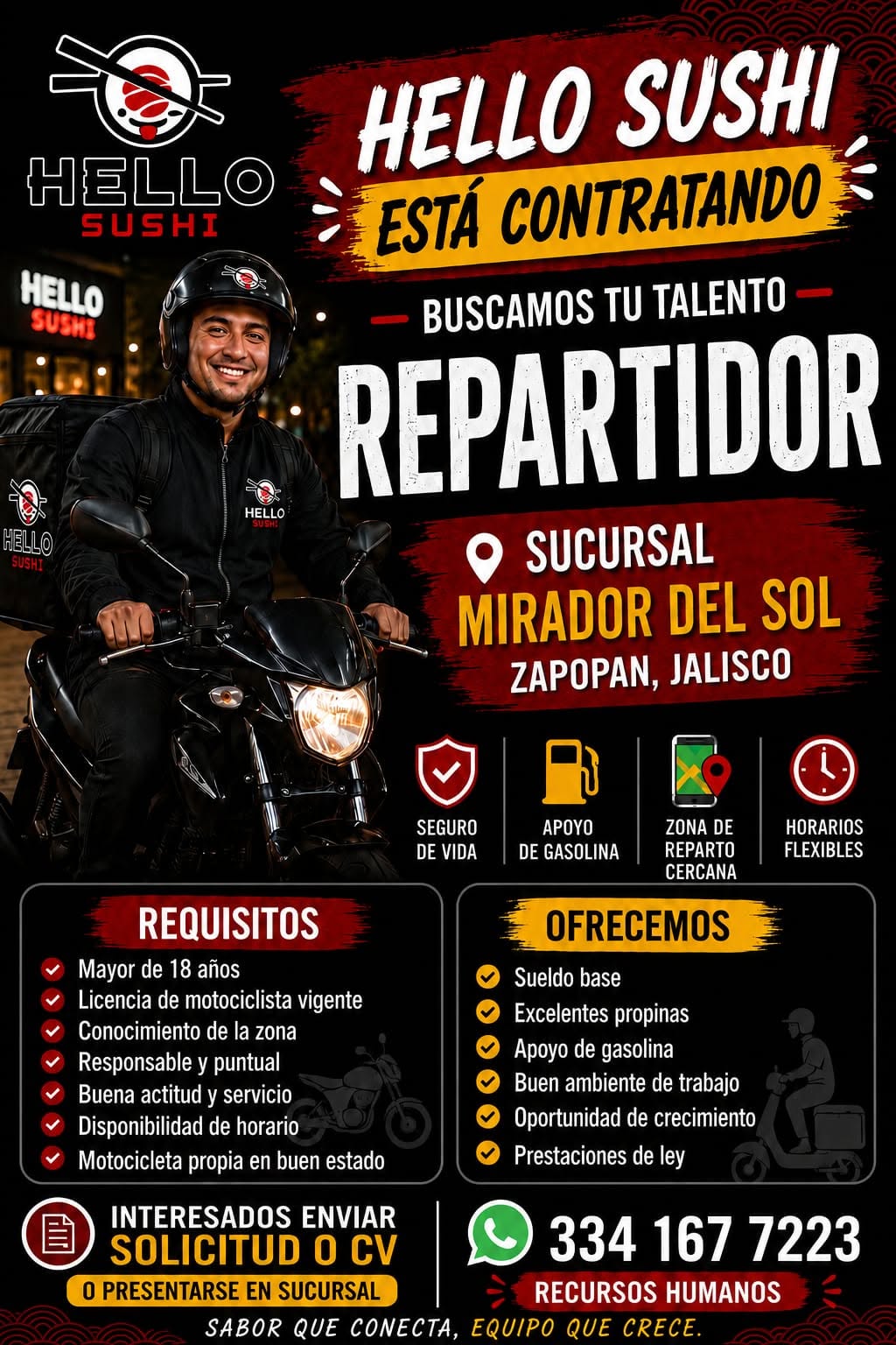 Banner del anuncio de la vacante: HELLO · SUSHI · HELLO · SUSHI · HELLO · HELLO · HELLO SUSHI · ESTÁ CONTRATANDO · - BUSCAMOS TU TALENTO - · REPARTIDOR · SUCURSAL · MIRADOR D