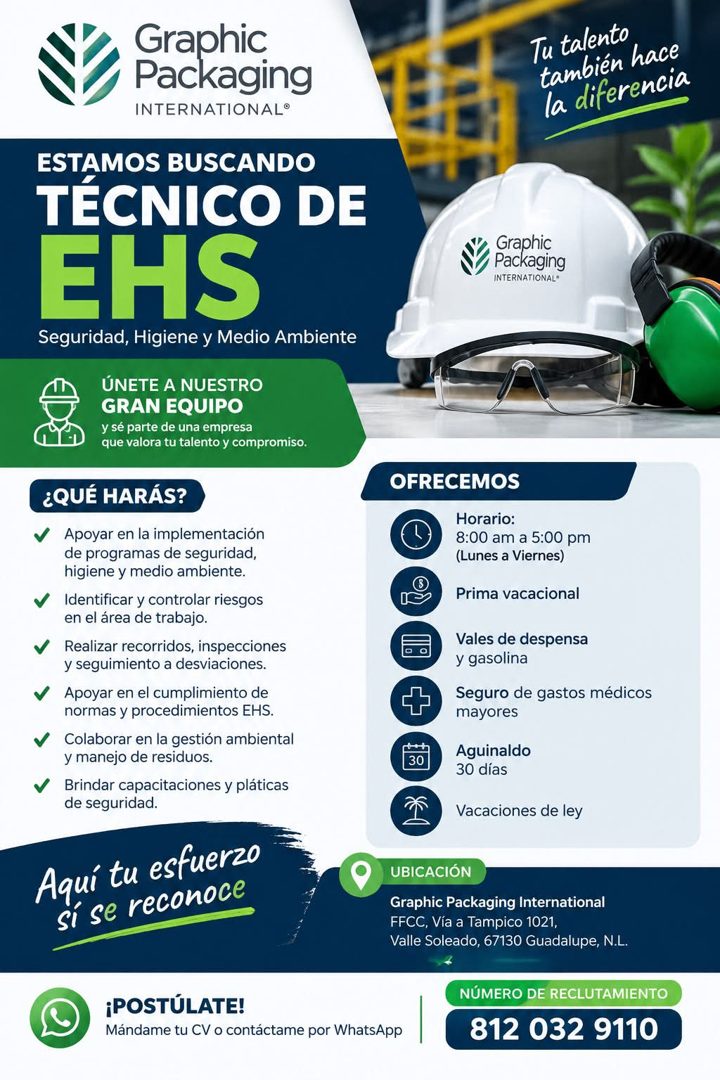 Banner del anuncio de la vacante: Graphic · Packaging · INTERNATIONAL® · ESTAMOS BUSCANDO · TÉCNICO DE · EHS · Seguridad, Higiene y Medio Ambiente · ÚNETE A NUESTRO · GRAN EQ