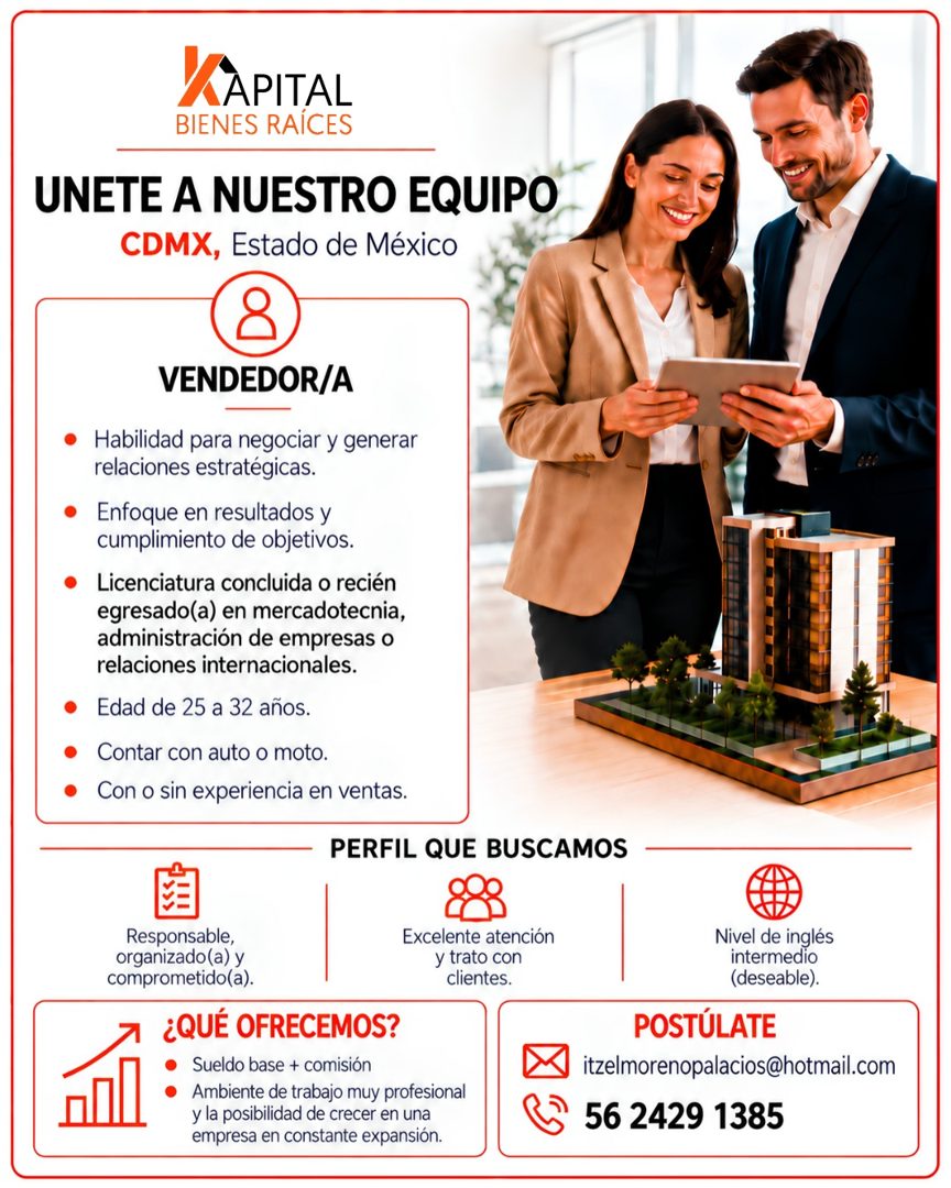 Banner del anuncio de la vacante: CAPITAL · BIENES RAICES · UNETE A NUESTRO EQUIPO · CDMX, Estado de México · VENDEDOR/A · • Habilidad para negociar y generar · relaciones es