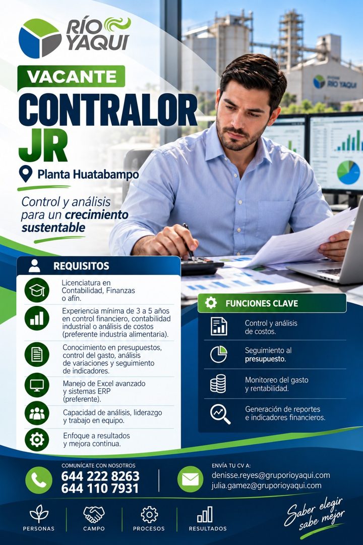 Banner del anuncio de la vacante: RÍO · YAQUI · VACANTE · CONTRALOR · JR · Planta Huatabampo · Control y análisis · para un crecimiento · sustentable · RIO TAQUI · REQUISITOS