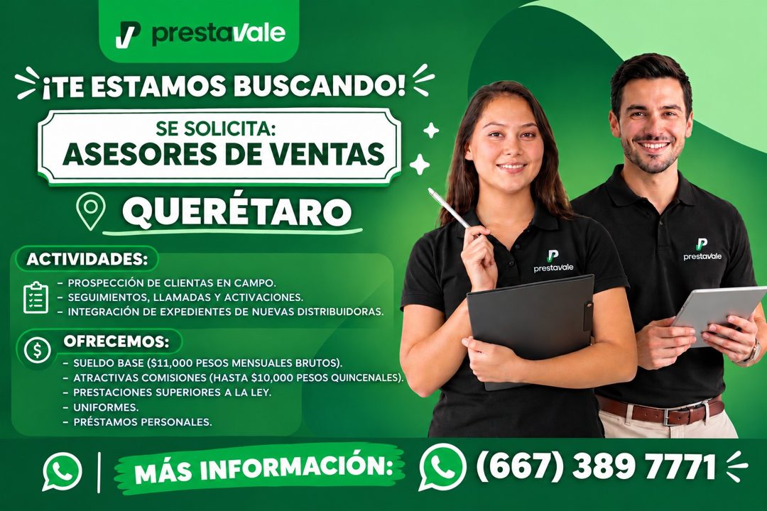 Banner del anuncio de la vacante: v prestavale · ¡TE ESTAMOS BUSCANDO! · SE SOLICITA: · ASESORES DE VENTAS · QUERÉTARO · ACTIVIDADES: · - PROSPECCIÓN DE CLIENTAS EN CAMPO. · 