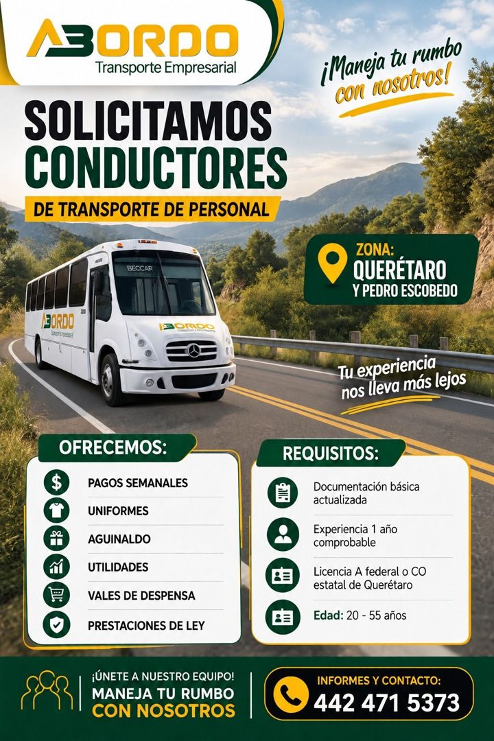 Banner del anuncio de la vacante: ABORDO · Transporte Empresarial · SOLICITAMOS · CONDUCTORES · DE TRANSPORTE DE PERSONAL · ¡Maneja tu rumbo · con nosotros! · BECCAR · ZONA: 