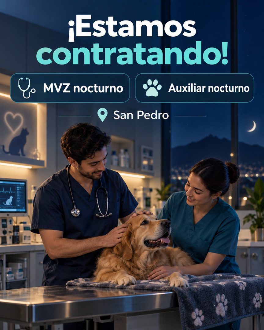 Banner del anuncio de la vacante: ¡Estamos · contratando! · MVZ nocturno · Auxiliar nocturno · • San Pedro