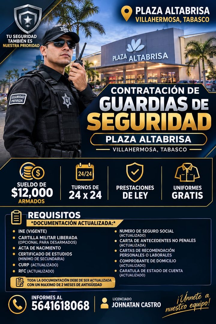 Banner del anuncio de la vacante: PLAZA ALTABRISA · VILLAHERMOSA, TABASCO · TU SEGURIDAD · TAMBIÉN ES · NUESTRA PRIORIDAD · PLAZA ALTABRISA · SEGURIDAD · PRIVADA · CONTRATACI
