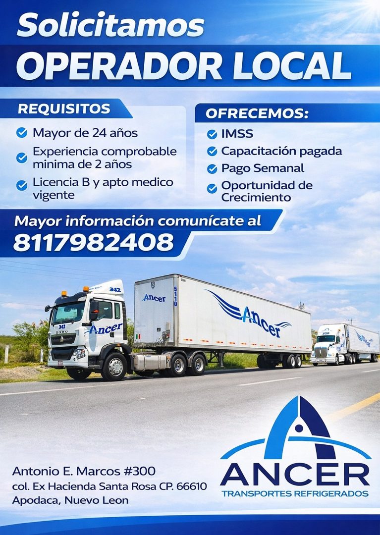 Banner del anuncio de la vacante: Solicitamos · OPERADOR LOCAL · REQUISITOS · © Mayor de 24 años · Experiencia comprobable · minima de 2 años · Licencia B y apto medico · vig
