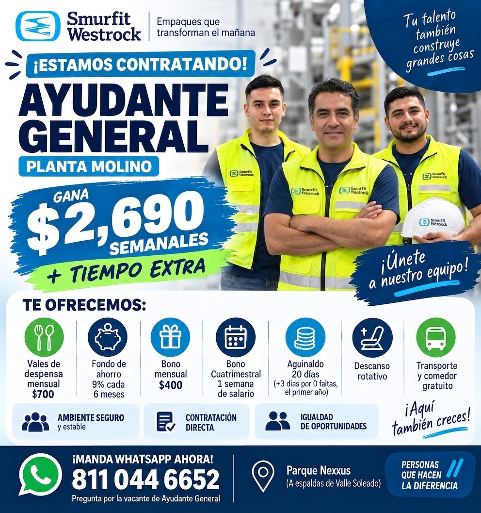 Banner del anuncio de la vacante: Smurfit · Westrock · Empaques que · transforman el mañana · ¡ESTAMOS CONTRATANDO! · AYUDANTE · GENERAL · PLANTA MOLINO · GANA · $2,690 · SEM