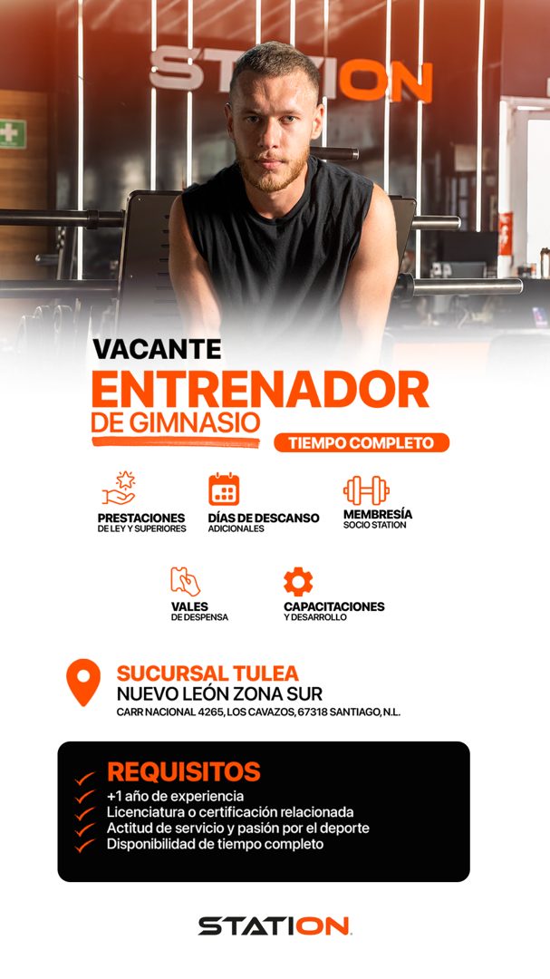 Banner del anuncio de la vacante: ST · ION · VACANTE · ENTRENADOR · DE GIMNASIO · TIEMPO COMPLETO · PRESTACIONES · DE LEY Y SUPERIORES · DÍAS DE DESCANSO · ADICIONALES · MEMB
