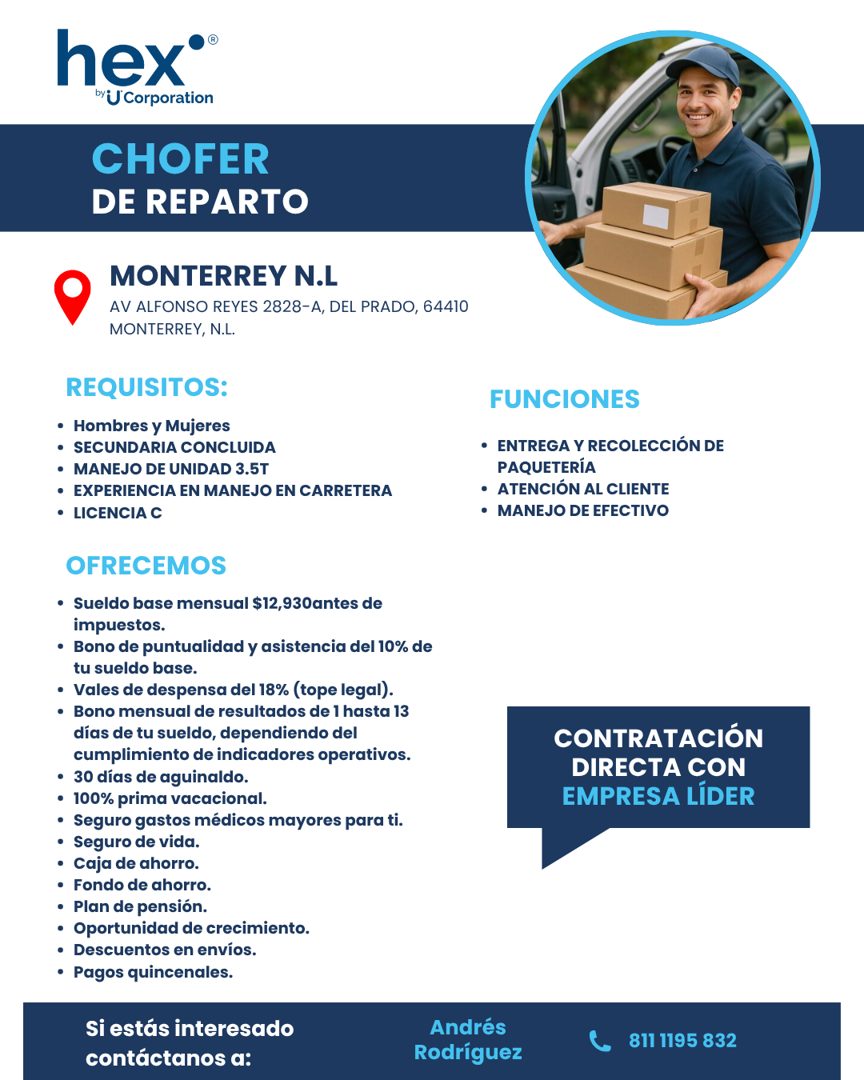 Banner del anuncio de la vacante: hex® · bU Corporation · CHOFER · DE REPARTO · MONTERREY N.L · AV ALFONSO REYES 2828-A, DEL PRADO, 64410 · MONTERREY, N.L. · REQUISITOS: · • 