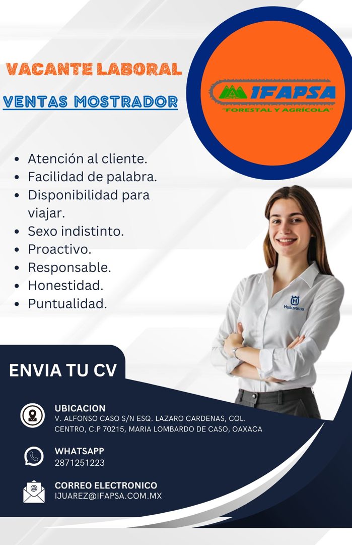 Banner del anuncio de la vacante: VACANTE LABORAL · VENTAS MOSTRADOR · Mediado · A1 1FAPSA · "FORESTAL Y AGRÍCOLA" · • Atención al cliente. · • Facilidad de palabra. · • Disp