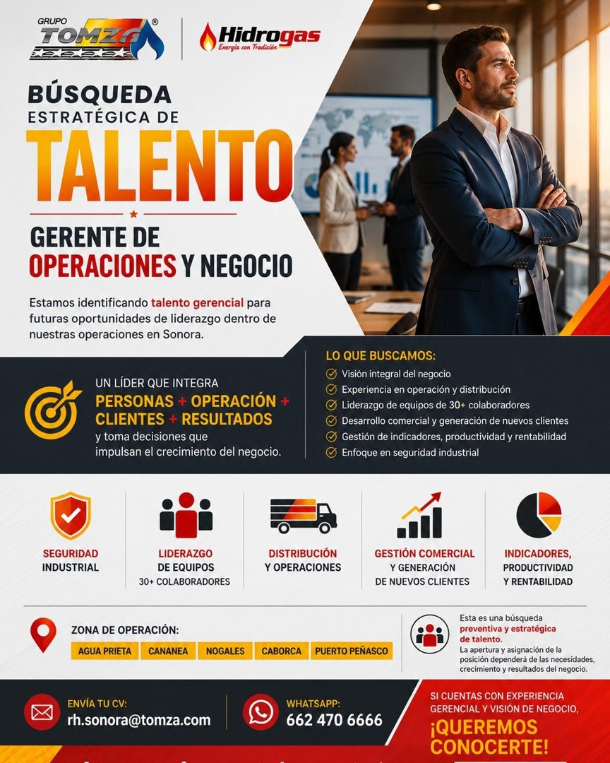 Banner del anuncio de la vacante: GRUPO · TOMUL · 3666 · Hidrogas · Exergia con Tradición · BÚSQUEDA · ESTRATÉGICA DE · TALENTO · GERENTE DE · OPERACIONES Y NEGOCIO · Estamos