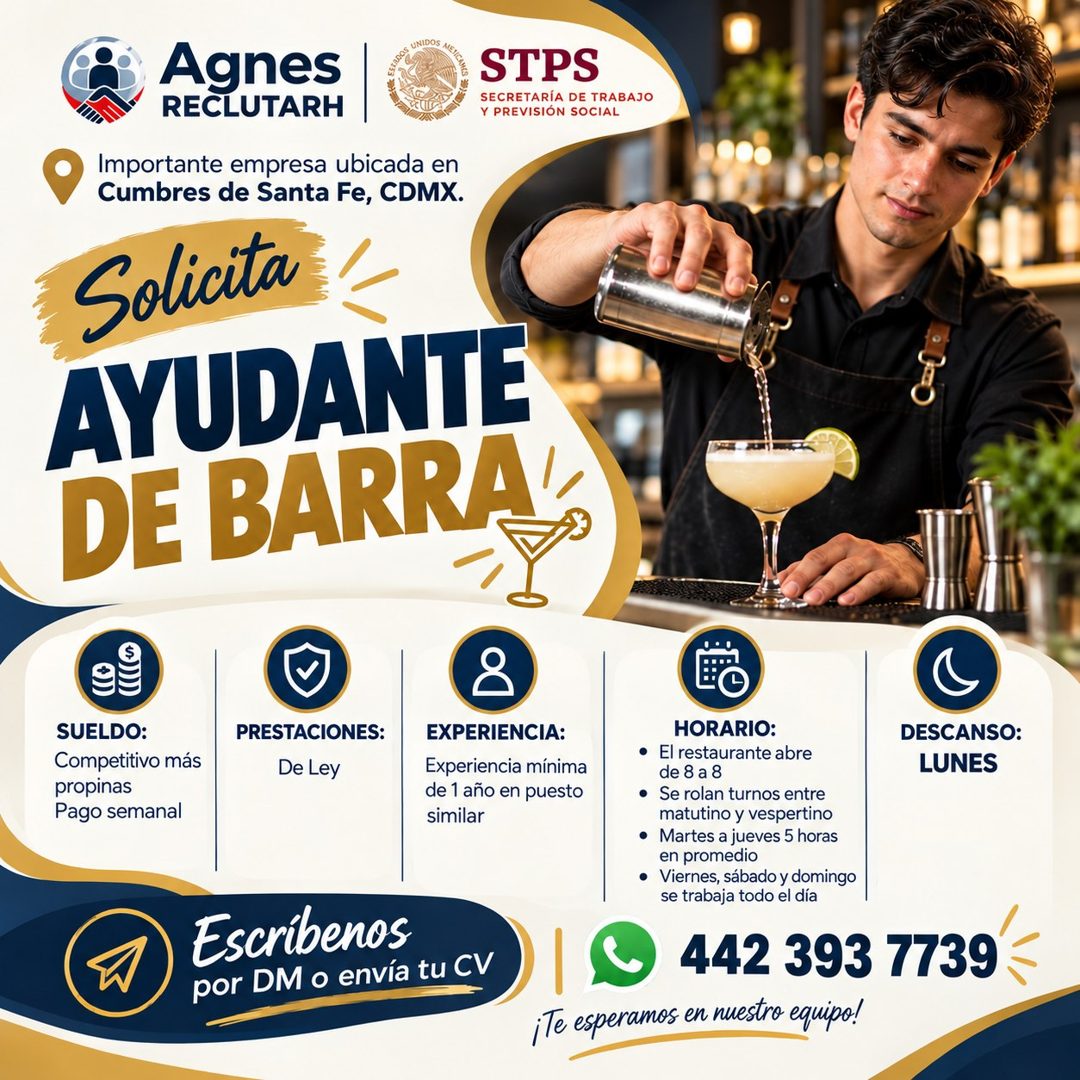 Banner del anuncio de la vacante: Agnes · RECLUTARH · STPS · SECRETARÍA DE TRABAJO · Y PREVISIÓN SOCIAL · Importante empresa ubicada en · Cumbres de Santa Fe, CDMX. · Solicit