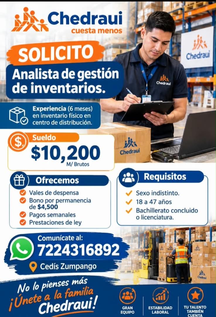 Banner del anuncio de la vacante: Chedraui · cuesta menos · SOLICITO · Analista de gestión · de inventarios. · Experiencia (6 meses) · en inventario físico en · centro de dis