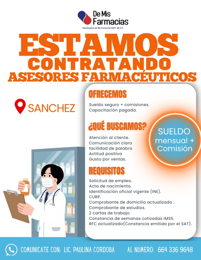 Banner del anuncio de la vacante: De Mis · Farmacias · Distribuidora de Mis Farmacias SAPI DE C.V. · ESTAMOS · CONTRATANDO · ASESORES FARMACEUTICOS · O SANCHEZ · OFRECEMOS · 