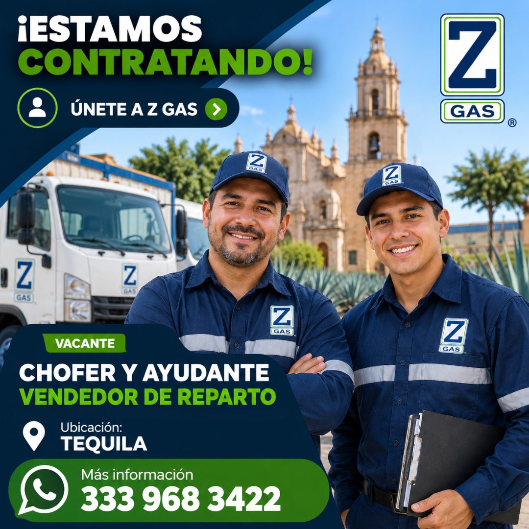 Banner del anuncio de la vacante: ¡ESTAMOS · CONTRATANDO! · ÚNETE A Z GAS · GAS · Z · GAS · Z · GAS · Z · GAS · VACANTE · CHOFER Y AYUDANTE · VENDEDOR DE REPARTO · Ubicación: