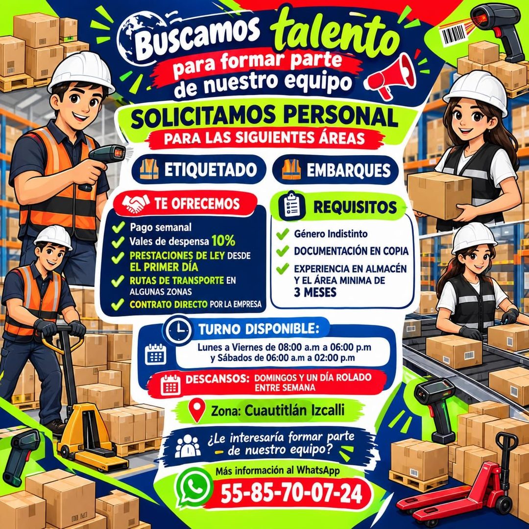 Banner del anuncio de la vacante: Buscamos talento · para formar parte · de nuestro equipo · SOLICITAMOS PERSONAL · PARA LAS SIGUIENTES ÁREAS · ETIQUETADO · EMBARQUES · LA TE