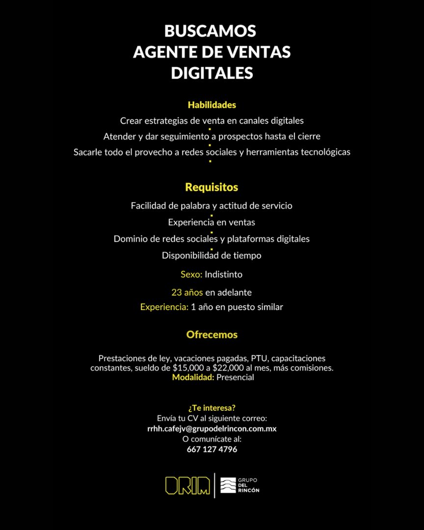 Banner del anuncio de la vacante: BUSCAMOS · AGENTE DE VENTAS · DIGITALES · Habilidades · Crear estrategias de venta en canales digitales · Atender y dar seguimiento a prospe