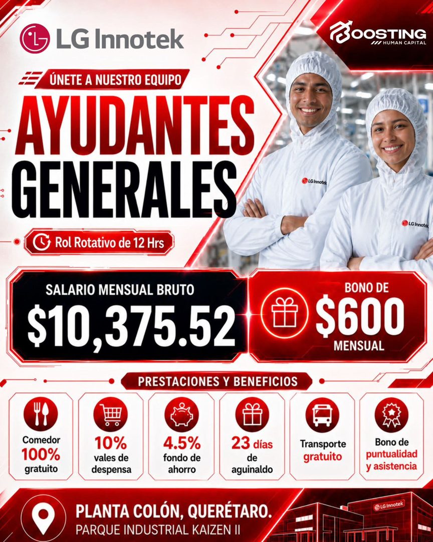 Banner del anuncio de la vacante: LG Innotek · ÚNETE A NUESTRO EQUIPO · AYUDANTES · GENERALES · G Rol Rotativo de 12 Hrs · PSOOSTING · I// HUMAN CAPITAL · ELG Innotek · G LG 