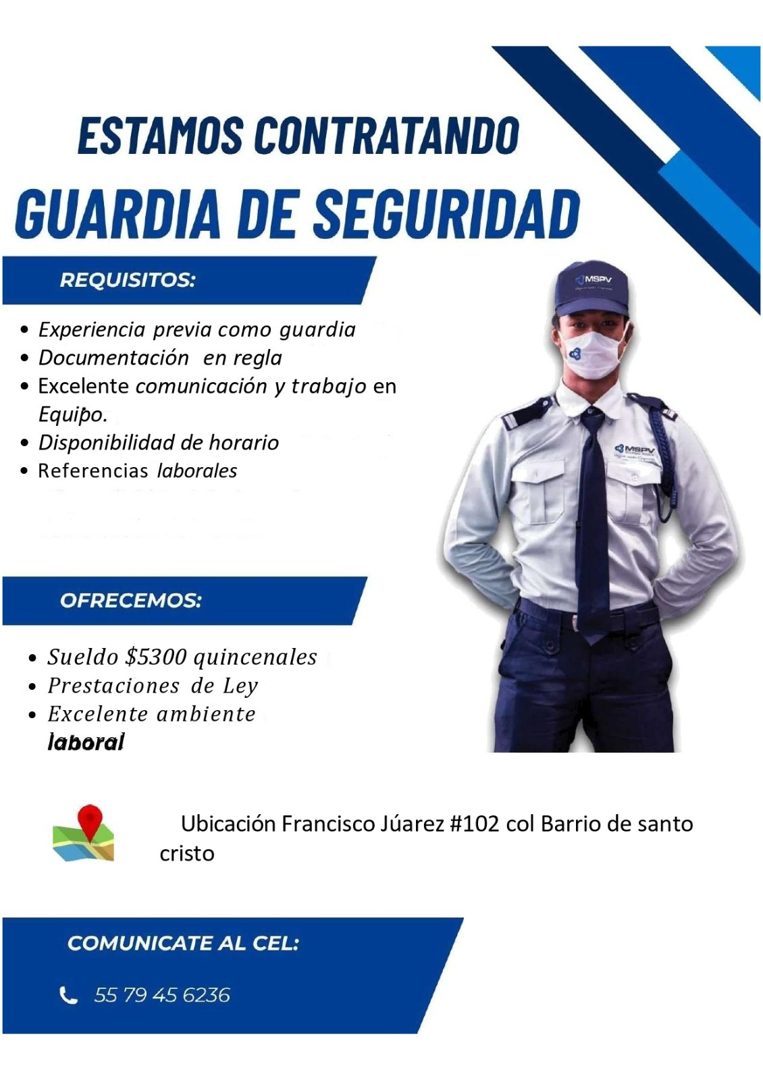 Banner del anuncio de la vacante: ESTAMOS CONTRATANDO · GUARDIA DE SEGURIDAD · REQUISITOS: · • Experiencia previa como guardia · • Documentación en regla · • Excelente comuni