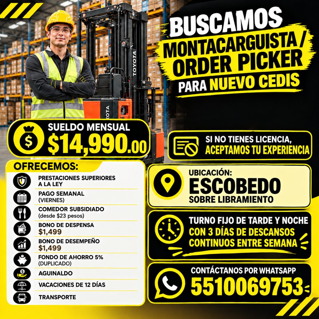 Banner del anuncio de la vacante: TOYOTA · ROTA · SUELDO MENSUAL · $14.990.00 · OFRECEMOS: · PRESTACIONES SUPERIORES · A LA LEY · PAGO SEMANAL · (VIERNES) · COMEDOR SUBSIDIAD