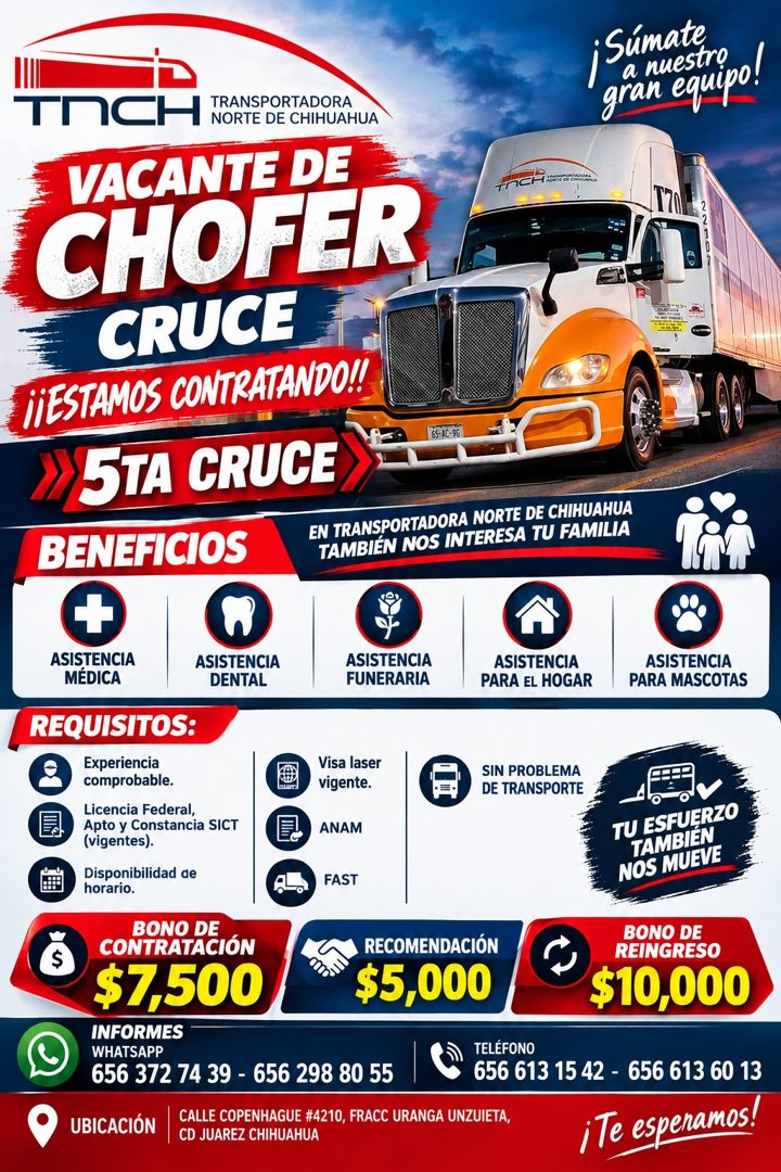 Banner del anuncio de la vacante: ¡Súmate · a nuestrọ · gran equipo! · TOCH · TRANSPORTADORA · NORTE DE CHIHUAHUA · VACANTE DE · CHOFER · CRUCE · ¡¡ESTAMOS CONTRATANDO!! · 5T