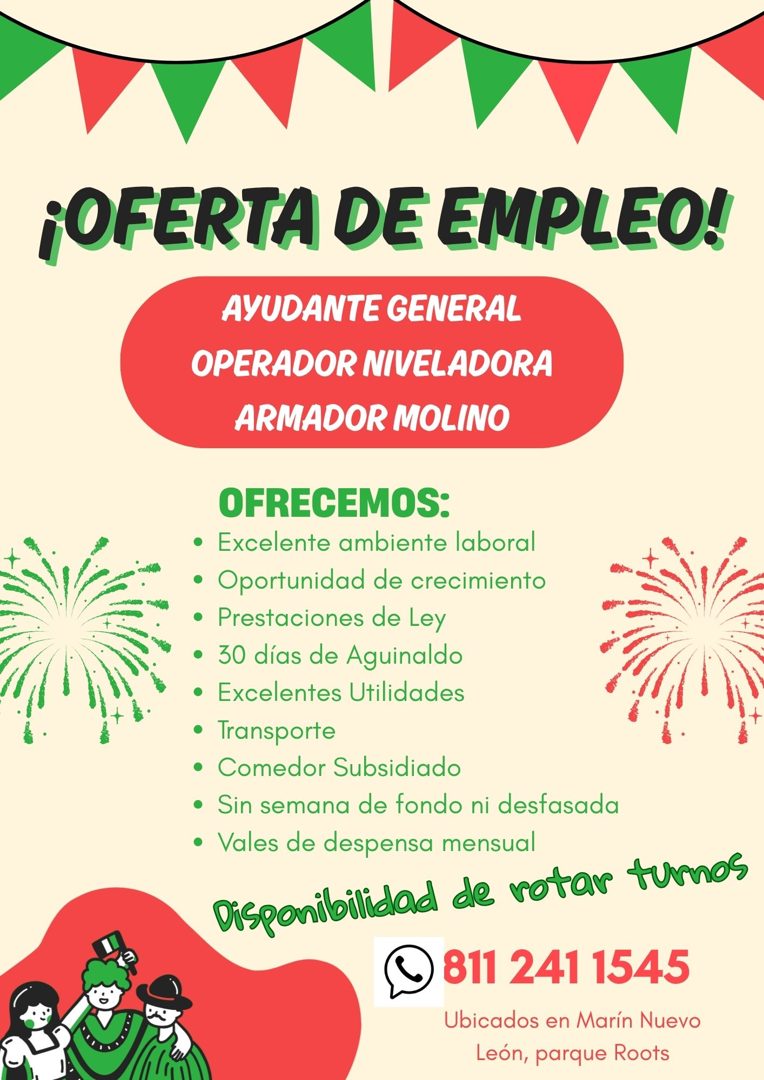 Banner del anuncio de la vacante: ¡OFERTA DE EMPLEO! · AYUDANTE GENERAL · OPERADOR NIVELADORA · ARMADOR MOLINO · OFRECEMOS: · • Excelente ambiente laboral · • Oportunidad de 