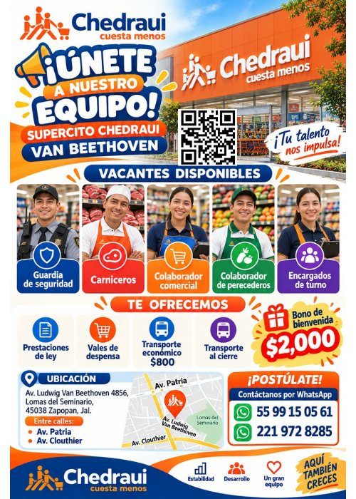 Banner del anuncio de la vacante: Chedraui · cuesta menos · GHONETE · NUESTRO · EQUIPO! · SUPERCITO CHEDRAUI · VAN BEETHOVEN · VACANTES DISPONIBLES · Chedraui · cuesta menos 