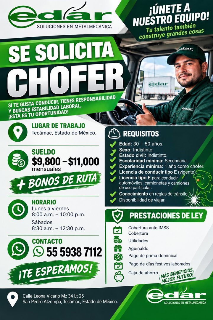 Banner del anuncio de la vacante: SOLUCIONES EN METALMECÁNICA · ¡ÚNETE A · NUESTRO EQUIPO! · Tu talento también · construye grandes cosas · dar · SE SOLICITA · CHOFER · SI TE