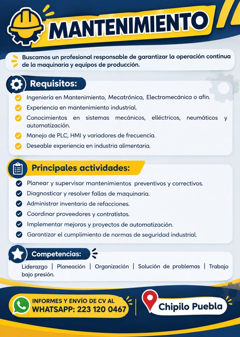 Banner del anuncio de la vacante: L MANTENIMIENTO / · Buscamos un profesional responsable de garantizar la operación continua · de la maquinaria y equipos de producción. · Re