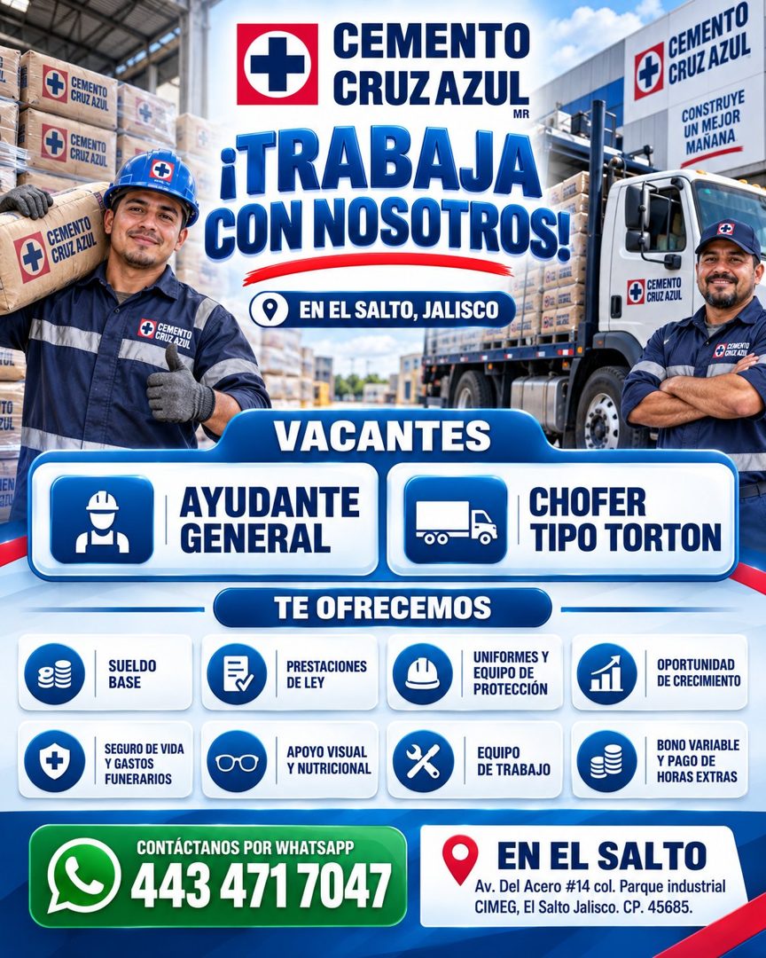 Banner del anuncio de la vacante: ZUL. · IEN · CEMENTO · CRUZ AZUL · CEMENTO · CRUZ AZUL · CEMENTO · CEMENTO · CRUZAZUL · ¡TRABAJA · CON NOSOTROS! · EN EL SALTO, JALISCO · CE
