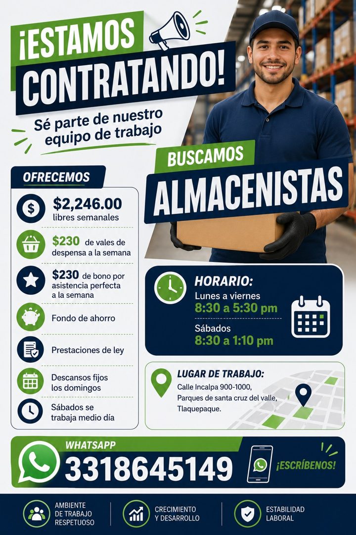 Banner del anuncio de la vacante: ¡ESTAMOS · CONTRATANDO! · Sé parte de nuestro · equipo de trabajo · OFRECEMOS · $2,246.00 · libres semanales · $230 de vales de · despensa a