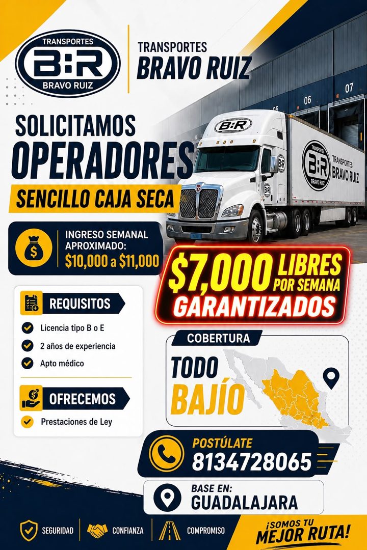 Banner del anuncio de la vacante: TRANSPORTES · BIR · BRAVO RUIZ · TRANSPORTES · BRAVO RUIZ · SOLICITAMOS · OPERADORES · SENCILLO CAJA SECA · B:R · INGRESO SEMANAL · APROXIMA