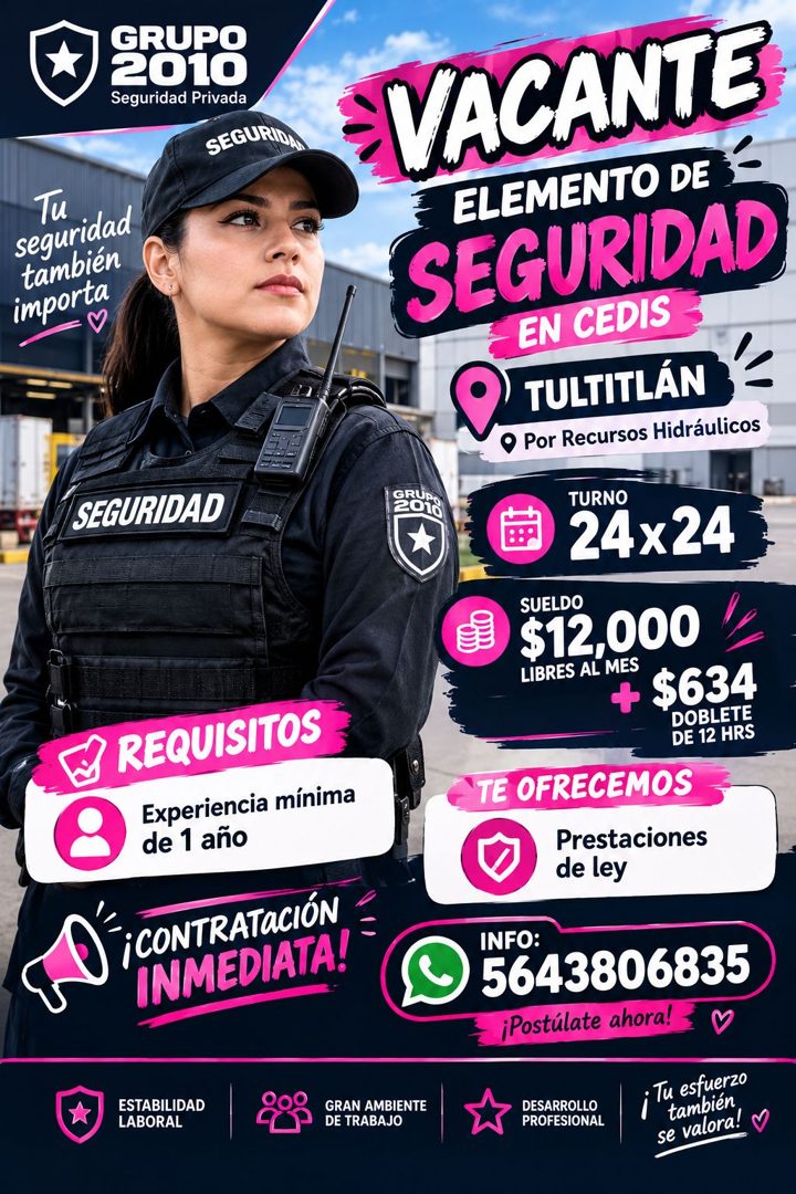 Banner del anuncio de la vacante: GRUPO · 2010 · Seguridad Privada · SEGURIDA · Tu · seguridad · también · importa · SEGURIDAD · I REQUISITOS · Experiencia mínima · de 1 año 