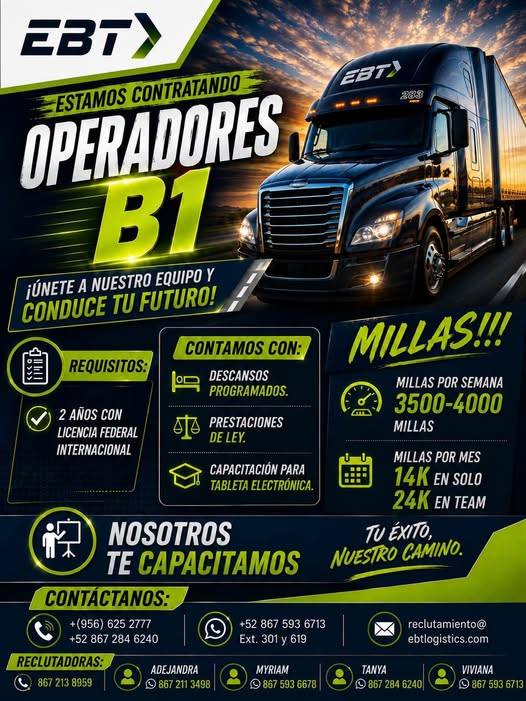 Banner del anuncio de la vacante: EBTS · -ESTAMOS CONTRATANDO · OPERADORES · ЕВТУ · - · ¡ÚNETE A NUESTRO EQUIPO Y · CONDUCE TU FUTURO! · REQUISITOS: · CONTAMOS CON: · DESCANS
