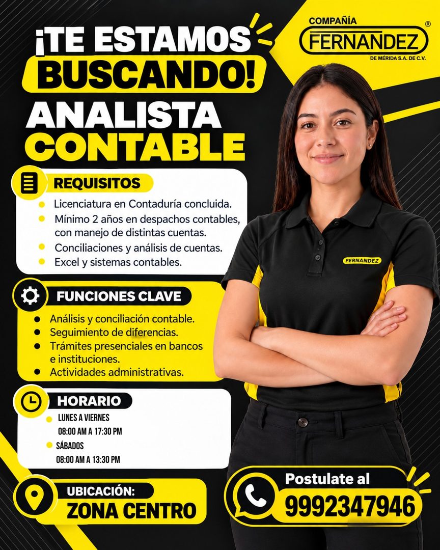 Banner del anuncio de la vacante: ¡TE ESTAMOS - · BUSCANDO! · ANALISTA · CONTABLE · REQUISITOS · Licenciatura en Contaduría concluida. · • · Mínimo 2 años en despachos contab