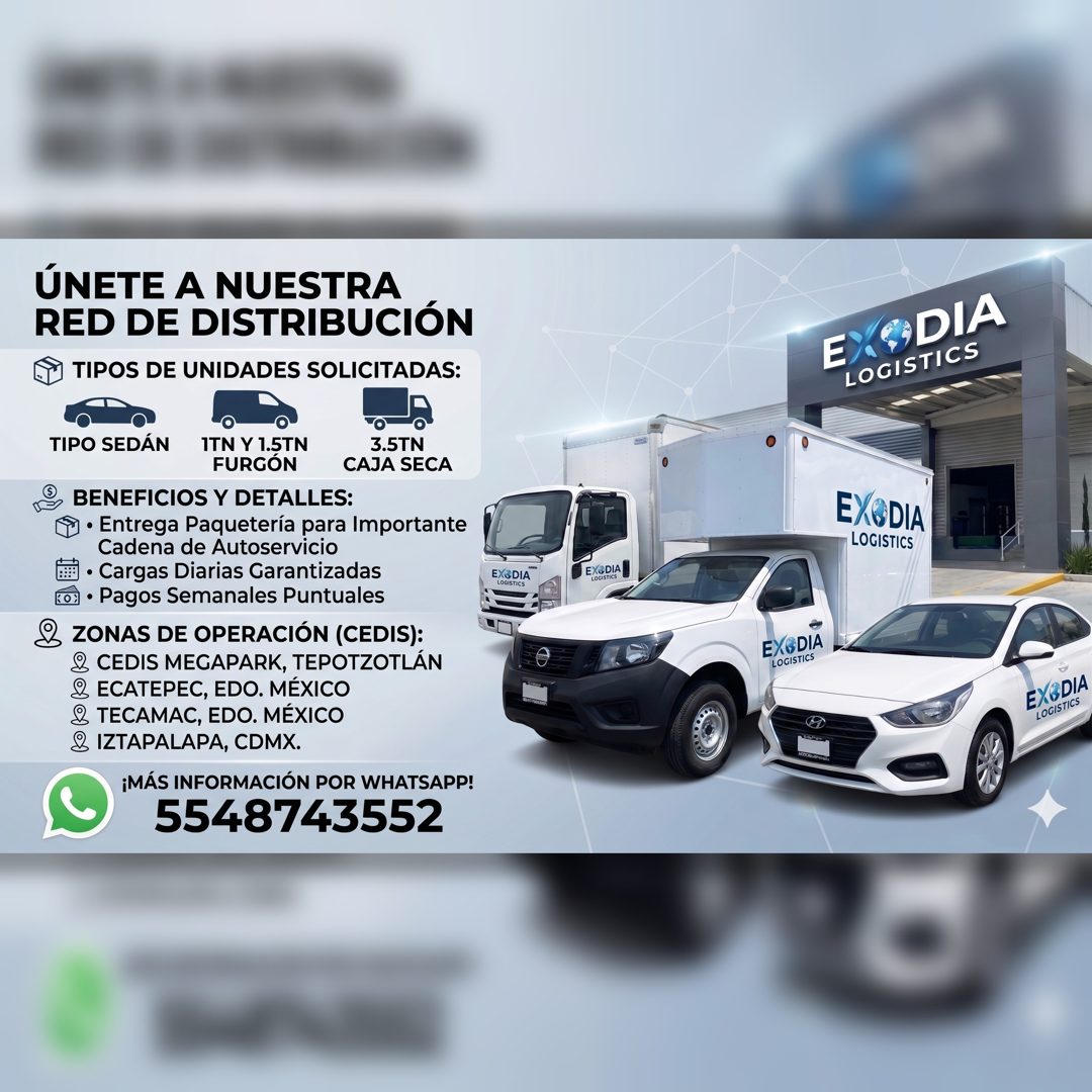 Banner del anuncio de la vacante: ÚNETE A NUESTRA · RED DE DISTRIBUCIÓN · TIPOS DE UNIDADES SOLICITADAS: · TIPO SEDÁN · 1TN Y 1.5TN · FURGÓN · 3.5TN · CAJA SECA · BENEFICIOS 
