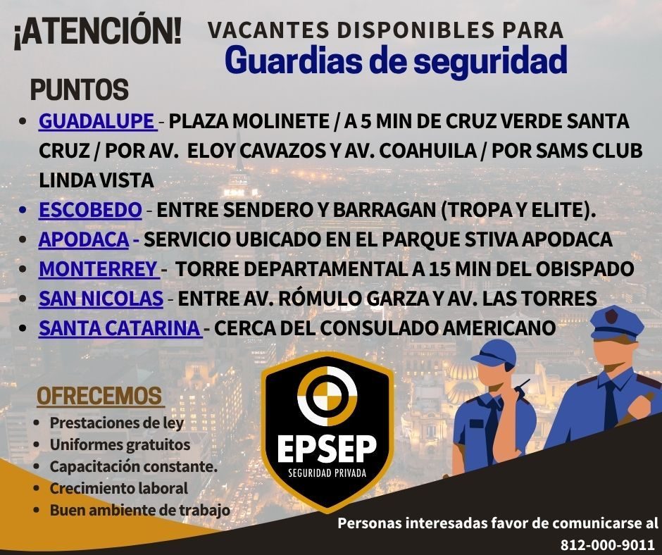 Banner del anuncio de la vacante: ¡ATENCIÓN! VACANTES DISPONIBLES PARA · Guardias de seguridad · PUNTOS · • GUADALUPE - PLAZA MOLINETE / A 5 MIN DE CRUZ VERDE SANTA · CRUZ / 