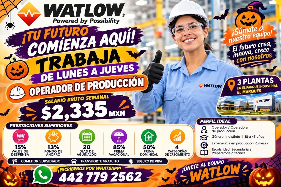 Banner del anuncio de la vacante: WATLOW. · Powered by Posibility · ¡TU FUTURO · COMIENZA AQUI! · TRABAJA · DE LUNES A JUEVES · OPERADOR DE PRODUCCIÓN · SALARIO BRUTO SEMANAL