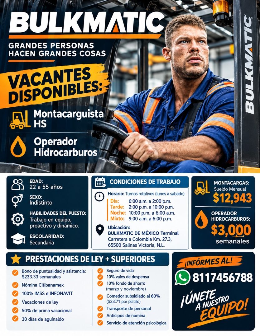 Banner del anuncio de la vacante: BULKMATIC · GRANDES PERSONAS · HACEN GRANDES COSAS · VACANTES · DISPONIBLES: · Montacarguista · HS · Operador · Hidrocarburos · BULKMATIC · 