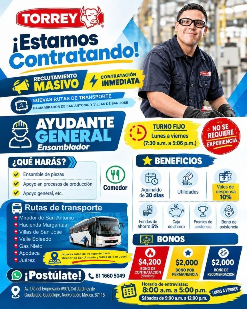 Banner del anuncio de la vacante: TORREY · ¡Estamos · Contratando! · RECLUTAMIENTO · MASIVO · CONTRATACIÓN · INMEDIATA · NUEVAS RUTAS DE TRANSPORTE · HACIA MIRADOR DE SAN ANT