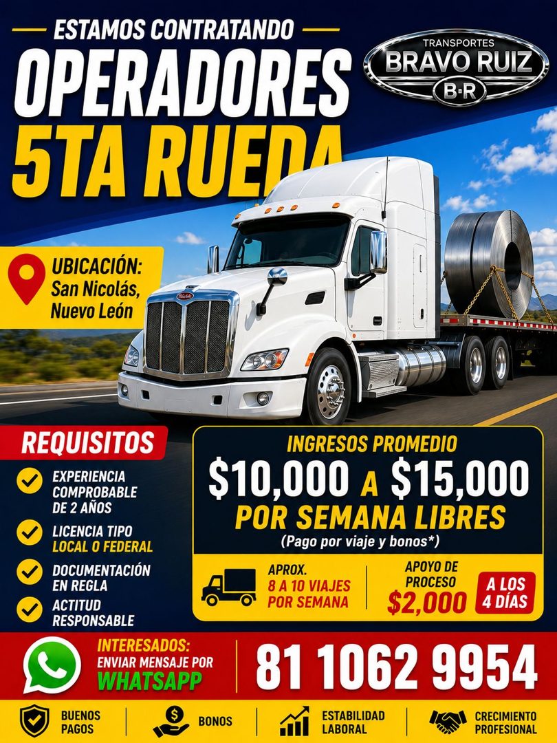 Banner del anuncio de la vacante: — ESTAMOS CONTRATANDO - · OPERADORES · 5TA RUEDA · TRANSPORTES · BRAVO RUIZ · B•R · UBICACIÓN: · San Nicolás, · Nuevo León · REQUISITOS · EX