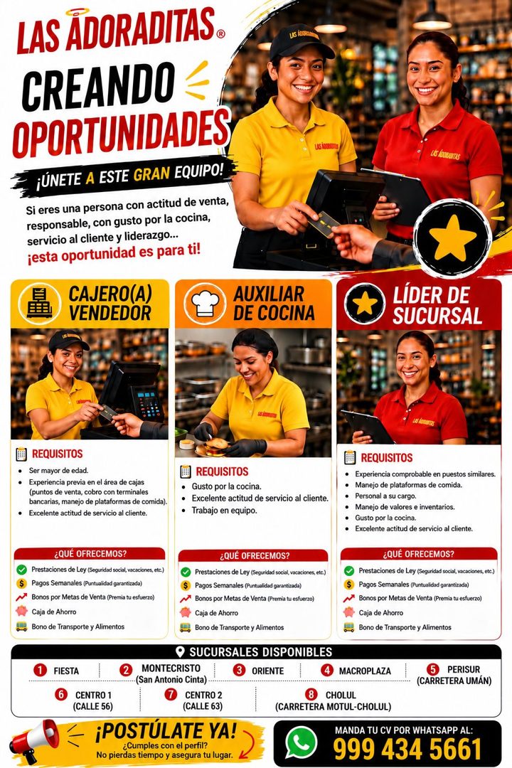Banner del anuncio de la vacante: LAS ADORADITAS. · CREANDO · OPORTUNIDADES · ¡ÚNETE A ESTE GRAN EQUIPO! · Si eres una persona con actitud de venta, · responsable, con gusto 