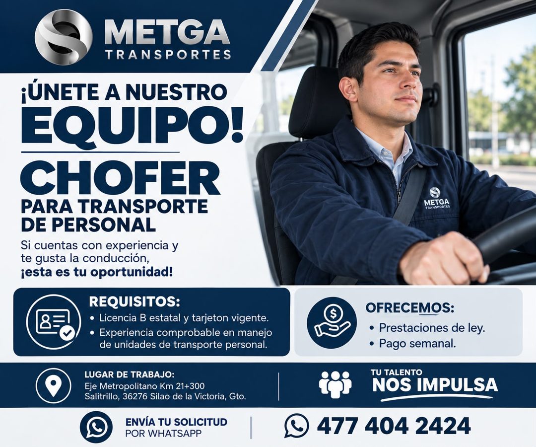 Banner del anuncio de la vacante: METGA · TRANSPORTES · ¡ÚNETE A NUESTRO · EQUIPO! · CHOFER · PARA TRANSPORTE · DE PERSONAL · Si cuentas con experiencia y · te gusta la condu