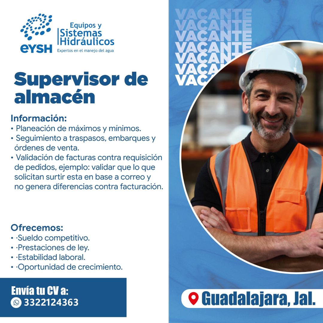 Banner del anuncio de la vacante: Equipos y · Sistemas · Hidráulicos · Expertos en el manejo del agua · VACANTE · VACANT · VACA · NT · VACA · VACA · NT · = · VACA · eYSH · Su