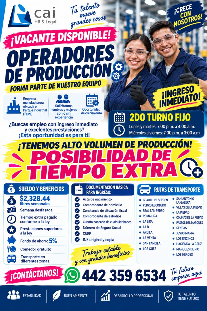 Banner del anuncio de la vacante: cai · HR & Legal · Tu talento · mueve · grandes cosas · ¡CRECE · CON · NOSOTROS! · ¡VACANTE DISPONIBLE! · OPERADORES · DE PRODUCCIÓN® · FORM
