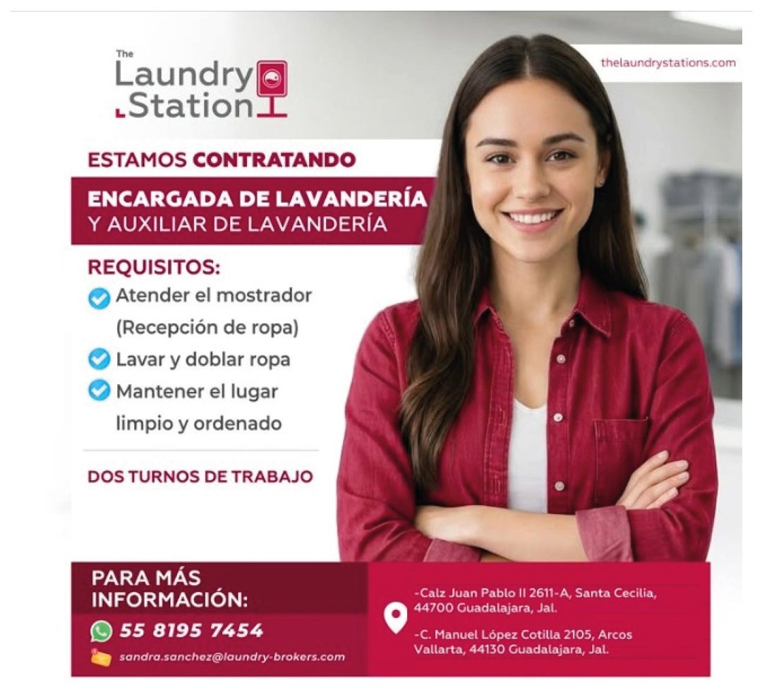 Banner del anuncio de la vacante: The · Laundry · _Station · ESTAMOS CONTRATANDO · ENCARGADA DE LAVANDERÍA · Y AUXILIAR DE LAVANDERÍA · REQUISITOS: · Atender el mostrador · (